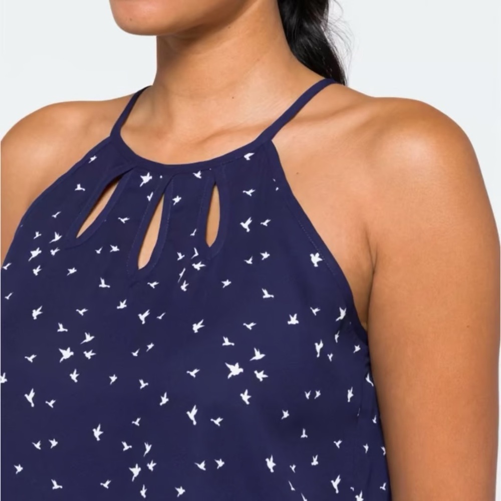 Papermoon Walita Cutout Detail Blouse halter tank M, Navy with bird print